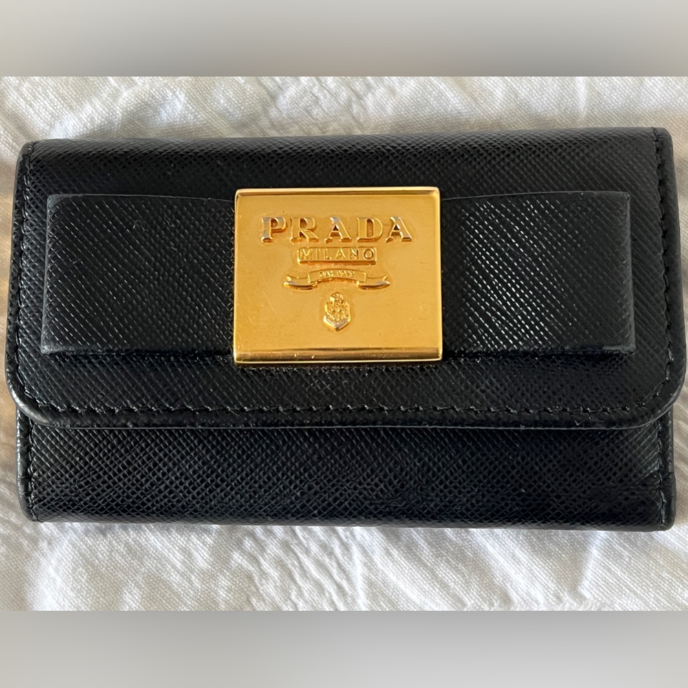 Authentic PRADA Two-Fold bow Wallet Leather BLK Women's 6 Key rings